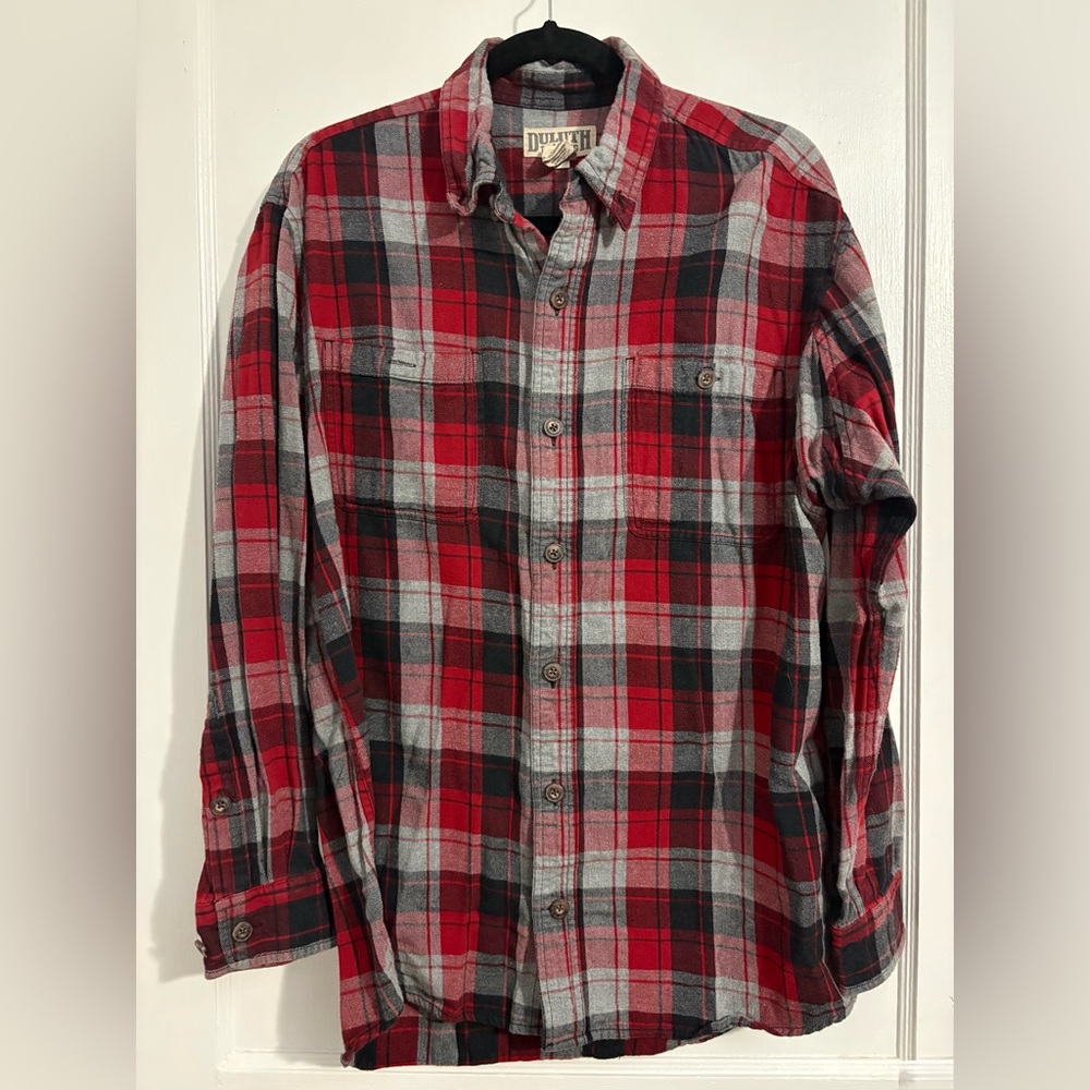 Duluth Trading Co Red and Gray Plaid Button-Down Shirt